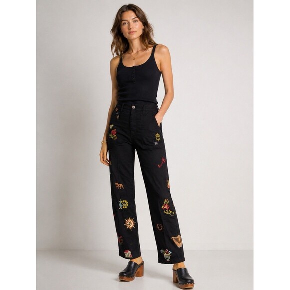 Johnny Was Pants - Johnny Was Workshop Womens Pants Size 12 Black Embroidered Boho Straight Leg